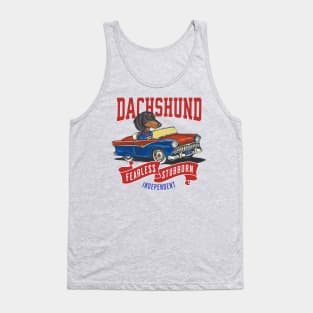 Funny and Cute Doxie Dachshund dog in a classic vintage retro car with red white and blue banner flags Tank Top